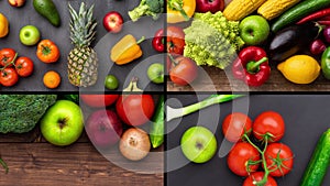 Healthy eating ingredients: fresh vegetables, fruits and superfood. The concept of nutrition, diet, vegan food. Concrete