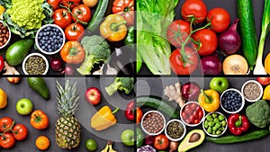 Healthy eating ingredients: fresh vegetables, fruits and superfood. The concept of nutrition, diet, vegan food. Concrete