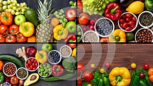 Healthy eating ingredients: fresh vegetables, fruits and superfood. The concept of nutrition, diet, vegan food. Concrete