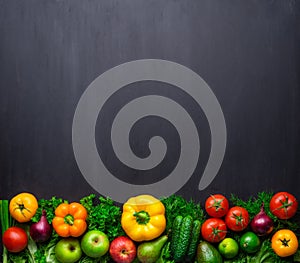 Healthy eating ingredients: fresh vegetables, fruits and superfood. Concrete background