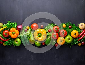 Healthy eating ingredients: fresh vegetables, fruits and superfood. Concrete background