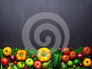 Healthy eating ingredients: fresh vegetables, fruits and superfood. Concrete background