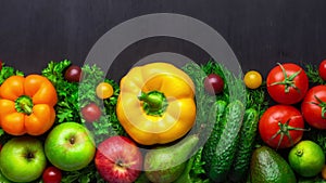 Healthy eating ingredients: fresh vegetables, fruits and superfood. Nutrition, diet, vegan food. Black background