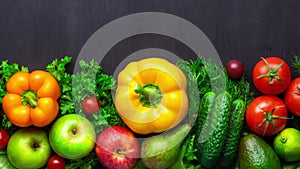 Healthy eating ingredients: fresh vegetables, fruits and superfood. Nutrition, diet, vegan food. Black background