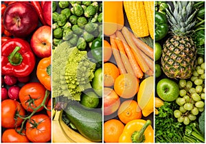 Healthy eating ingredients: fresh vegetables, fruits and superfood. Nutrition, diet, vegan food collage.