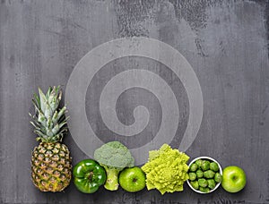Healthy eating ingredients: fresh vegetables, fruits and superfood. Nutrition, diet, vegan food concept