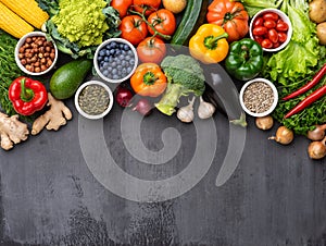 Healthy eating ingredients: fresh vegetables, fruits and superfood. Nutrition, diet, vegan food concept