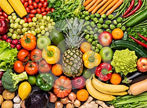 Healthy eating ingredients: fresh vegetables, fruits and superfood. Nutrition, diet, vegan food concept