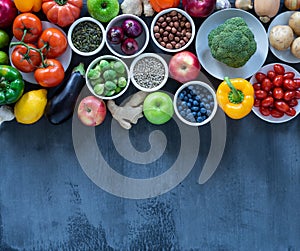 Healthy eating ingredients: fresh vegetables, fruits and superfood. Nutrition, diet, vegan food concept