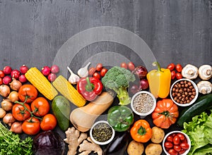 Healthy eating ingredients: fresh vegetables, fruits and superfood. Nutrition, diet, vegan food concept