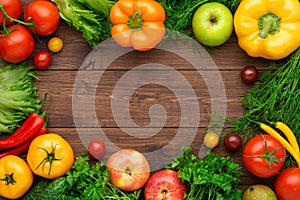 Healthy eating ingredients: fresh vegetables, fruits and superfood. Wooden background