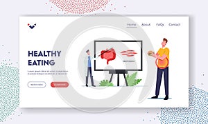 Healthy Eating Landing Page Template. Tiny Doctor Character Presenting Intestines Smooth Musculature on Huge Infographic