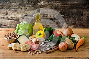 Healthy eating. Mediterranean diet. Fruit,vegetables, grain, nuts olive oil and fish