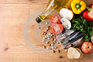 Healthy eating. Mediterranean diet. Fruit,vegetables, grain, nuts olive oil and fish