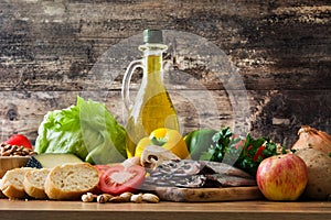 Healthy eating. Mediterranean diet. Fruit,vegetables, grain, nuts olive oil and fish