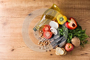 Healthy eating. Mediterranean diet. Fruit,vegetables, grain, nuts olive oil and fish photo