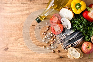 Healthy eating. Mediterranean diet. Fruit,vegetables, grain, nuts olive oil and fish photo