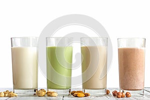 Healthy eating, milk from different kinds of nuts.