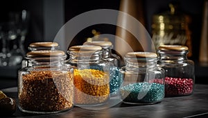 Healthy eating Organic spice collection in glass jars generated by AI