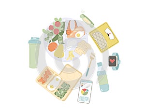 Healthy eating plate circle composition. Diet meal plan. Food body mass index. Weight loss control round emblem. Vector flat