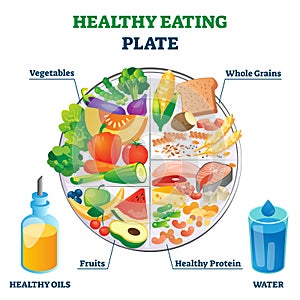 Healthy eating plate vector illustration. Labeled educational food example.