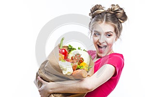 Healthy Eating. Positive Caucasian Girl Posing With Eco Shopping Bag