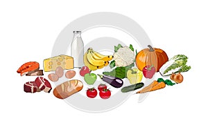 Healthy eating. Raw food diet. vegetables, fruit, meat, fish, dairy, milk, cheese, eggs, bread. weight loss. Vector graphic