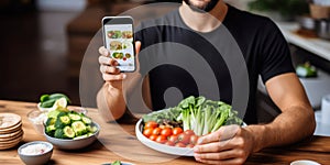 Healthy Eating and Tech man Uses Calorie App While Having Salad