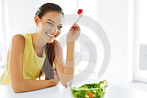 Healthy Eating. Vegetarian Woman Eating Salad. Food, Lifestyle,