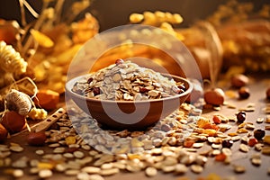 Healthy eating with whole grains flake. Wellness diet nutrient-rich, close-up photography. Generative AI