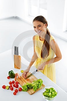 Healthy Eating. Woman Cooking Vegetable Salad. Diet, Lifestyle.