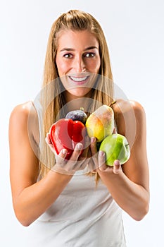 Healthy eating, woman with fruits and vegetables