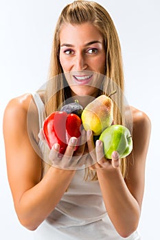 Healthy eating, woman with fruits and vegetables