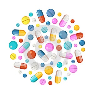 Healthy elements in circle shape background. Vector icons of drugs, long tablets and round pills