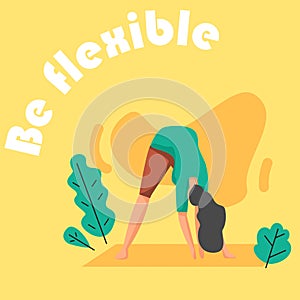 Healthy family poster. Be flexible. Happy woman doing fitness exercises. Female practicing yoga. Asana pose. Outdoor