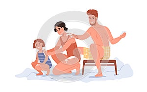 Healthy family rubbing bodies with snow, ice in cold winter. Happy mother, father, child hardening immunity together