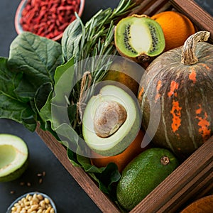 Healthy farmer organic food: fruit, vegetables, seeds, superfood, leaf
