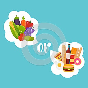 Healthy or fast food. Diet, nutrition, fitness and health concept. Nutrition choice and diet decision concept and eating dilemma.