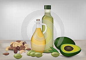 Healthy fat products. Oil bottles, avocado, olives and nuts on w