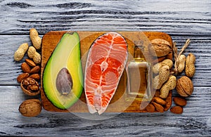 Healthy fat salmon, avocado, oil, nuts