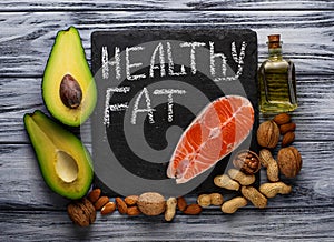 Healthy fat salmon, avocado, oil, nuts