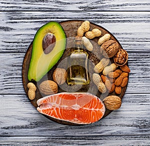 Healthy fat salmon, avocado, oil, nuts