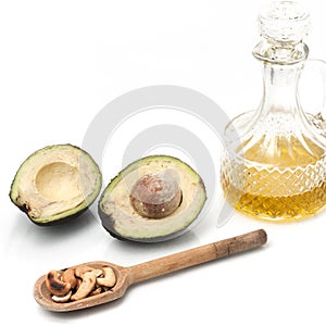 Healthy fats. Omega 3 source. Avocado, Olive Oil and Nuts photo