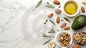 Healthy fats selection with avocado, nuts, seeds, olive oil on wood, copy space for text or design.