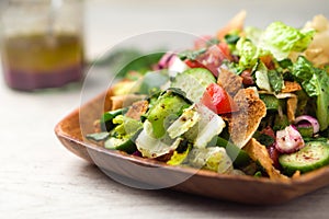 Healthy fattoush salad closeup.