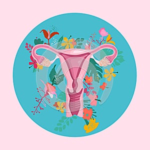 Healthy female reproductive system with floral background.Uterus and cervix anatomy.Ovary with medinilla blossoms.