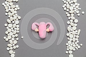 Healthy female uterus on a grey background. Gynecological diseases and pain treatment. Reproductive system and pregnancy