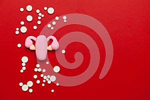 Healthy female uterus on red background. Gynecological diseases and pain treatment. Reproductive system and pregnancy. Copy space