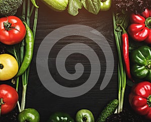 Healthy food. Assortment of vegetables arranged in the frame shape on a black wooden background