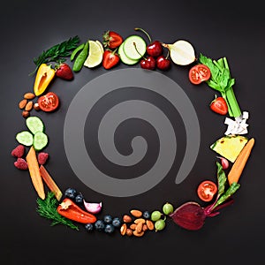 Healthy food background. Circle of organic vegetables, fruits, nuts, berries with copy space on black chalkboard. Square